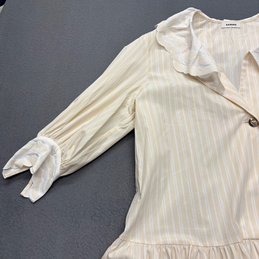 Sandro Cintia Gathered Striped Cotton Mini Shirt Dress Ruffle Collar‎ Size 40 - Picture 3 of 14